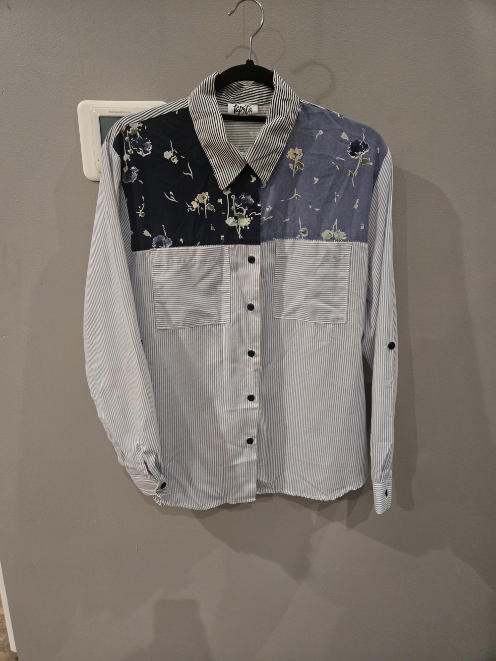 Tap & Co Floral Patchwork Mixed Media Stripe Button Down Shirt Top Medium